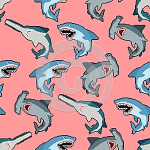 Shark set pixel art pattern seamless. Marine predator collection 8bit background. Hammerhead shark and saw fish texture