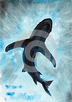 Shark silhouette in the deep closeup artwork portrait. Watercolor hand drawn on watercolour paper texture