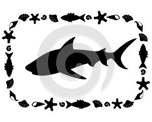 Shark silhouette of a sea animal in a rectangular frame - vector template