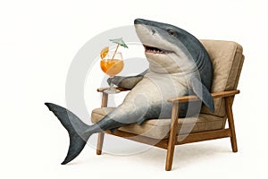A shark is sitting in a chair with a cocktail. Space for text.