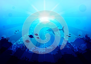 Shark and small fish are circling under the water illuminated by sunlight and rays, view with the bottom of the ocean