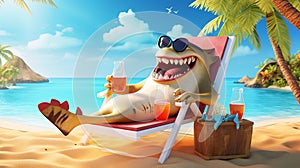 a shark in sunglasses with a cocktail on a sun lounger rests on the beach. summer rest