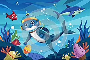 A shark swimming amidst a school of fish in the deep blue ocean, Diving with sharks Customizable Cartoon Illustration
