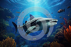 Shark swimming in deep blue sea. Underwater world. 3D rendering, Whale shark and school of sharks in a deep blue ocean, AI