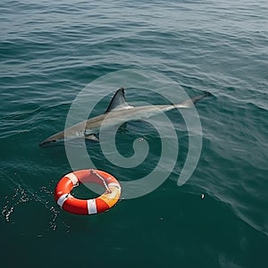 Shark swims on surface of ocean next to an empty life buoy, shark ate man, shark is dangerous