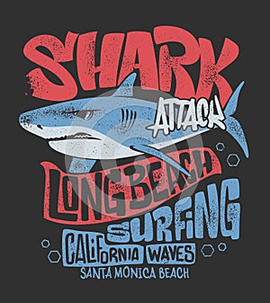 Shark t-shirt surf print design, vector illustration