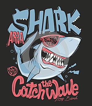 Shark t-shirt surf print design, vector illustration