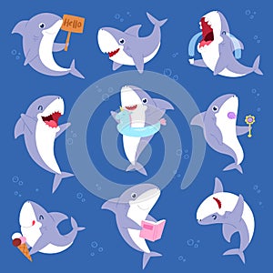 Shark vector cartoon seafish smiling with sharp teeth illustration set of fishery character illustration kids set of