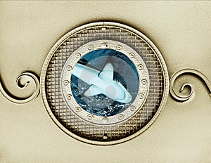 Shark in vintage metallic porthole