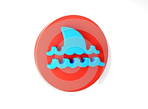 Shark warning sign in blue and red color. Dangerous sea life icon. Shark dorsal fin in the sea. Dangerous zone 3D symbol.