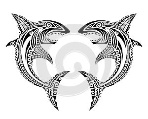 Sharks attack fish illustration Maori polynesian tattoo style.