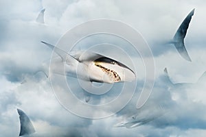 Sharks cruising through the clouds. Concept of domination, competition and power