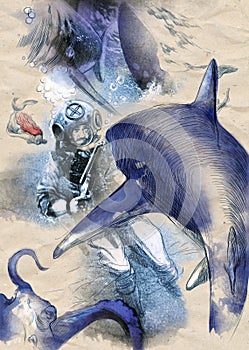 Sharks - hand drawn vintage illustration, fighting diver with shotgun