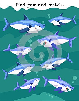 Sharks in sea. Find pairs. Educational puzzle game for preschoolers.