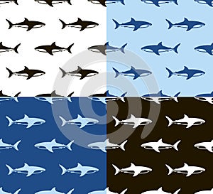 Sharks seamless pattern. Black, white and blue.