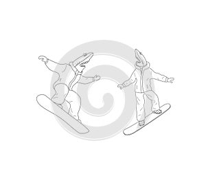 Sharks snowboarders. newbie. outline vector winter fun illustration coloring book