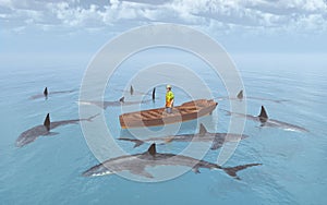 Sharks surround a man in a boat