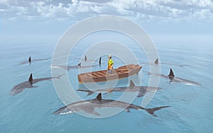 Sharks surround a man in a boat photo