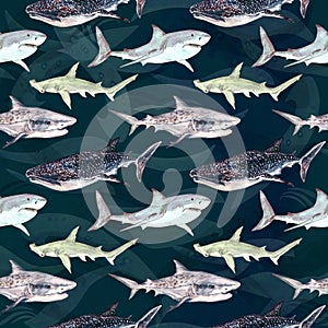 Sharks variety: Blue, Tiger, Whale and Hammerhead, hand painted watercolor illustration, seamless pattern in dark green ocean