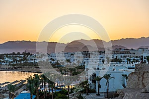Sharm Al Sheikh, Egypt- May,2019: Tropical luxury tourist resort. Stunning evening view of Red Sea and colorful vibrant sky after photo