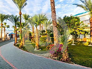 Sharm El Sheikh, Egypt - December 31, 2018: Tropical luxury Sultan Gardens Resort on Red Sea beach.