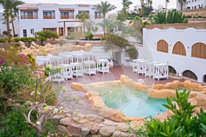 Sharm El Sheikh, Egypt - March 11, 2020: The recreation and relaxation complex is closed for quarantine. An empty complex of Spa