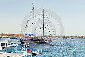 Sharm El Sheikh, Egypt May 08, 2019: Tourist pleasure boats in the harbor of Sharm El Sheikh