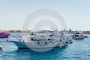 Sharm El Sheikh, Egypt May 08, 2019: Tourist pleasure boats in the harbor of Sharm El Sheikh