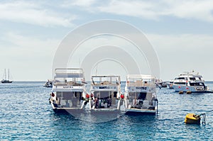 Sharm El Sheikh, Egypt May 08, 2019: Tourist pleasure boats in the harbor of Sharm El Sheikh