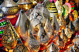 Sharm El Sheikh, Egypt November 17, 2021 Electric luminous colorful mosaic lamps in oriental style as tourist souvenirs