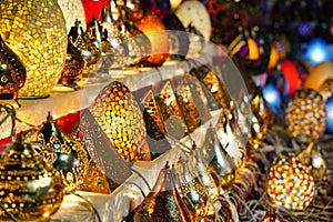 Sharm El Sheikh, Egypt November 17, 2021 Electric luminous colorful mosaic lamps in oriental style as tourist souvenirs