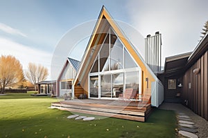 sharp aframe with mixed metalwood paneling and meadow