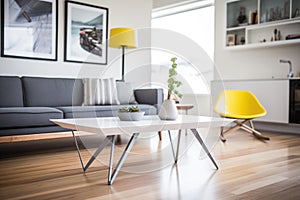 sharp-angled modernist coffee table in a trendy apartment