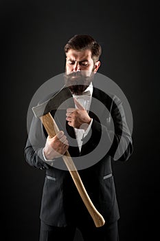 Sharp ax hand confident guy. Masculinity and brutality. Barbershop hairstyle. Firm determination. Brutal barber. Brutal