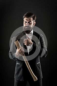 Sharp ax hand confident guy. Masculinity and brutality. Barbershop hairstyle. Firm determination. Brutal barber. Brutal photo