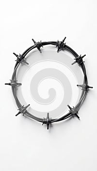 Sharp barbed wire circle, clean white background, sharp points, security