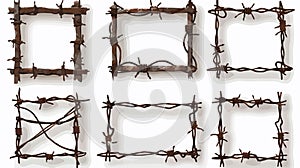 Sharp Barbed Wire Square Frames on White Background for Design Projects