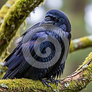 Sharp, black beak and intelligent eyes are in focus, emphasizing its