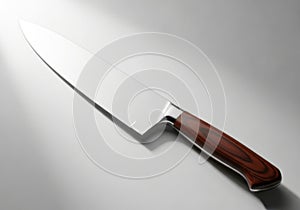 A sharp chef's knife with a wooden handle resting on a reflective surface isolated on white background