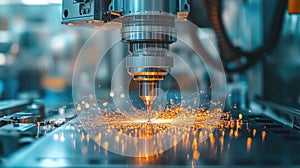 Sharp CNC drill bit creates sparks while machining metal in a workshop environment