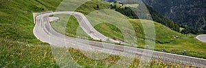 Sharp curve on the Grossglockner High Alpine Road. Austria. Panoramic image