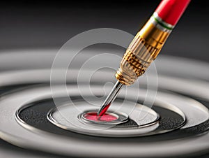 Sharp dart piercing the bullseye of a concentric target symbolizing precision, accuracy, and successful goal achievement in a