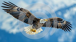 Sharp detail capture of an eagle soaring with vast skies behind