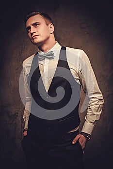 Sharp dressed man wearing waistcoat and bow tie