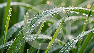 Sharp focus on the dew laden grass emphasizing the freshness