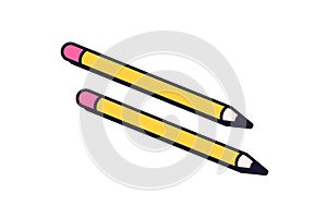 Sharp graphite pencils icon in retro style. Wood stationery with sharpened tip, rubber eraser. School supplies for notes