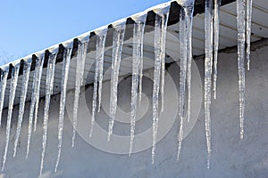 Sharp icicles and melted snow hanging from eaves of roof. Beautiful transparent icicles slowly gliding of a roof