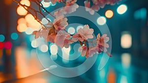 A sharp image of a flower on a rain-speckled window, with the background fading into blurriness. photo