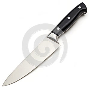 Sharp kitchen knife with black handle isolated on black background