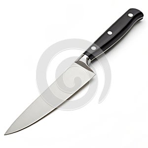 Sharp kitchen knife with black handle isolated on black background